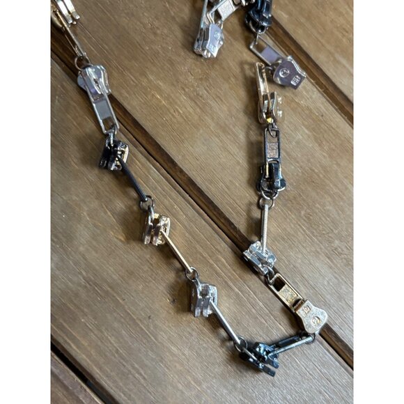 Zipper Charm Necklace In Mixed Silver Gold & Black Metal Design With Adjustable - Picture 3 of 7